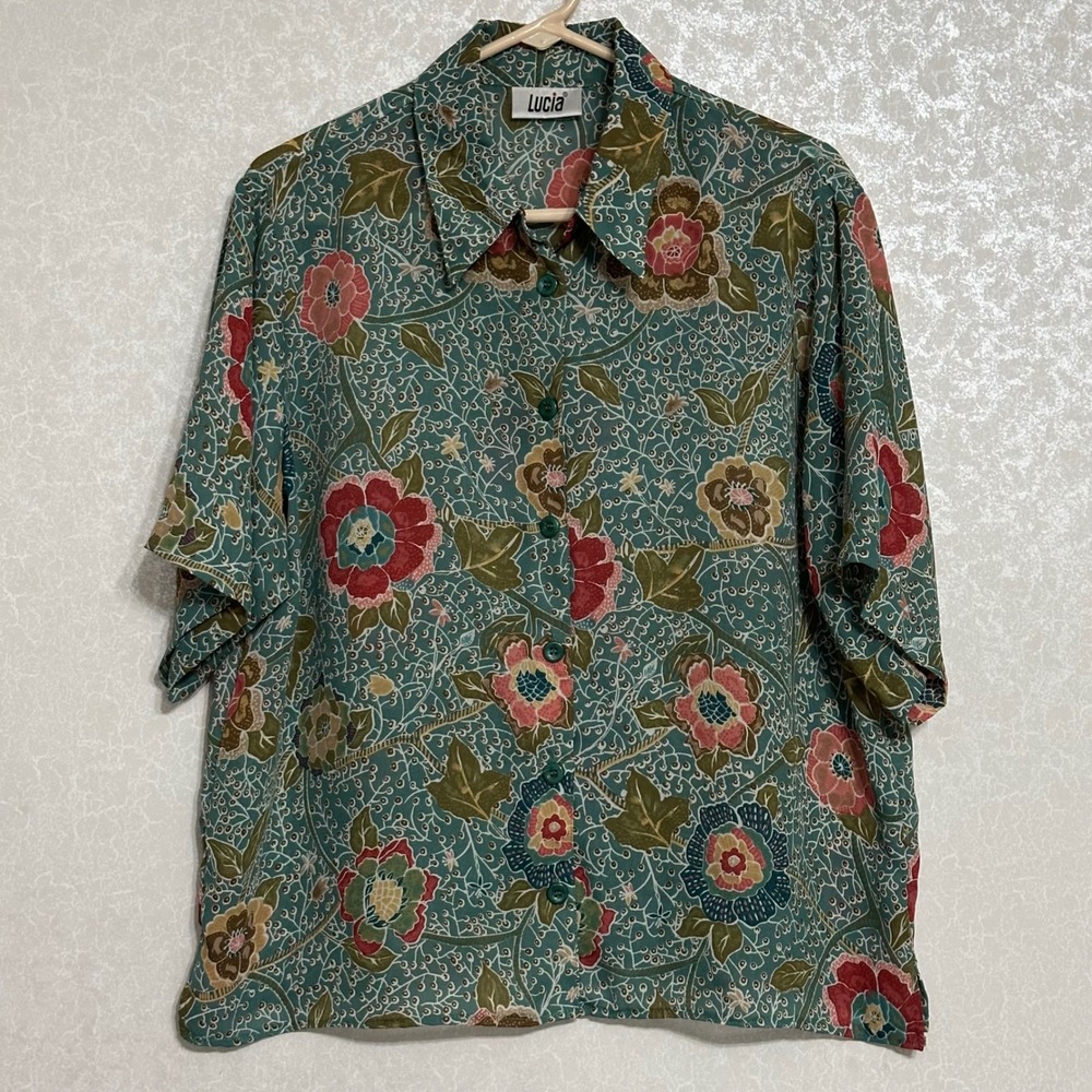 Lucia Floral Batik Print Short Sleeve Button Down Shirt Teal Green Vintage L
